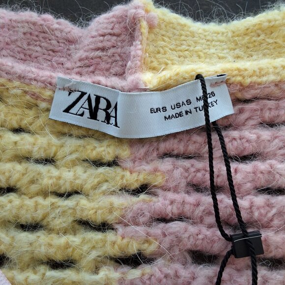 Zara Pink & Yellow Colorblock Crocheted Cardigan Jeweled Button Puff Sleeve Sz S - Picture 7 of 9